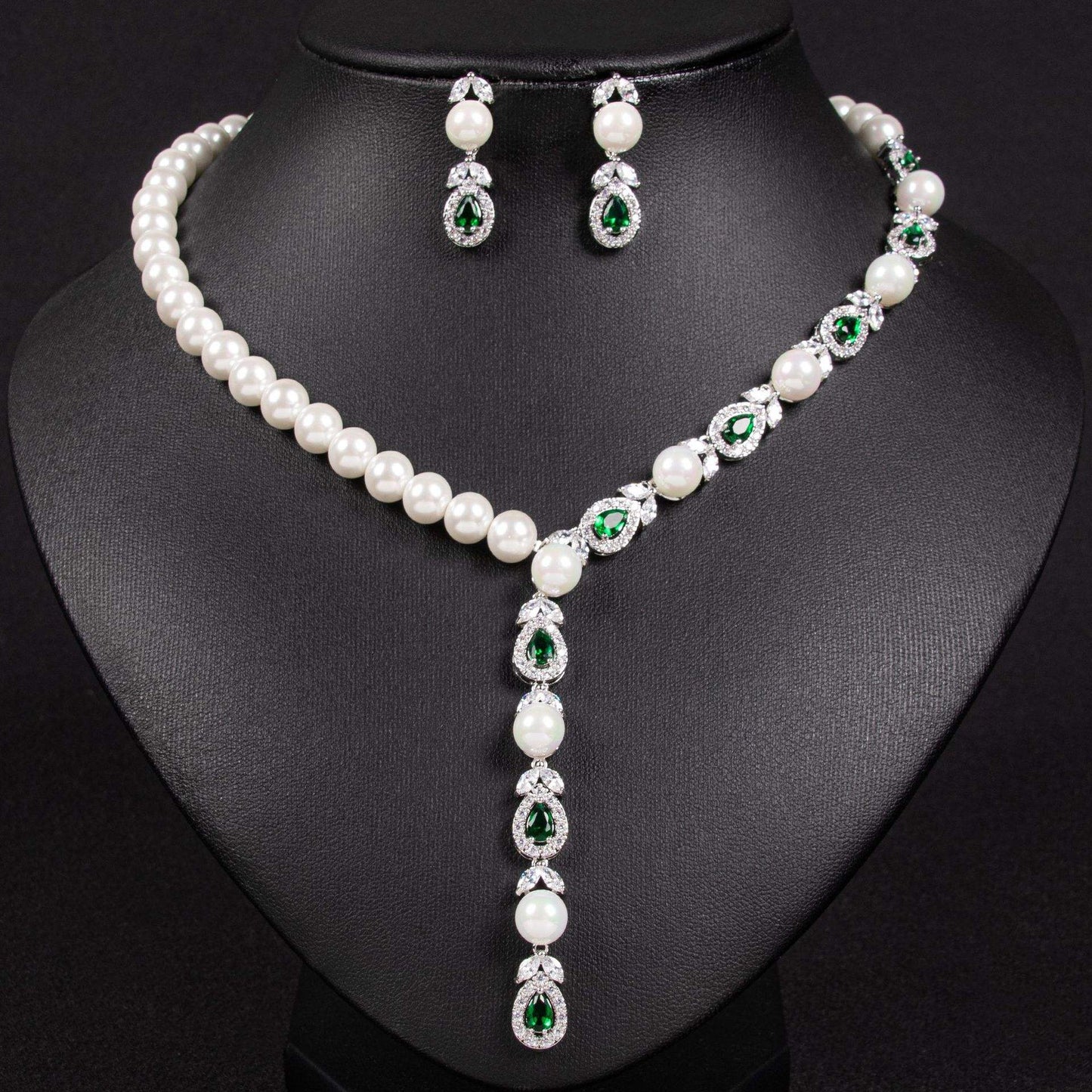 Emerald Green Teardrop & Pearl Lariat Necklace Set – Silver Tone Y-Shape Drop Statement Jewelry for Evening Wear
