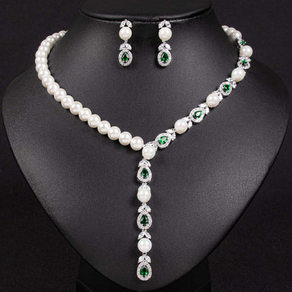 Emerald Green Teardrop & Pearl Lariat Necklace Set – Silver Tone Y-Shape Drop Statement Jewelry for Evening Wear