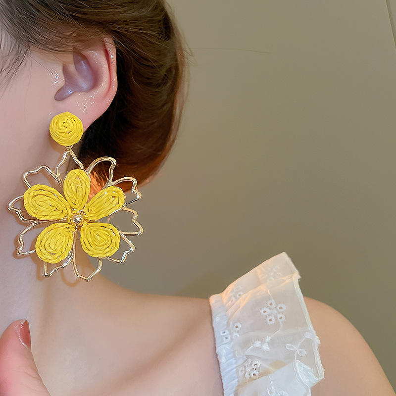 Yellow Wrapped Wireframe Flower Earrings | Gold-Tone Statement Jewelry