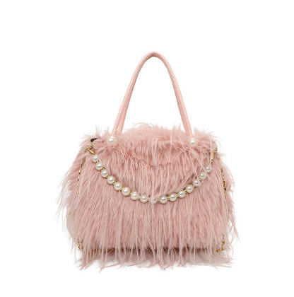 Elegant Faux Fur Handbag with Pearl & Chain Embellishments