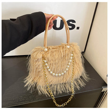 Elegant Faux Fur Handbag with Pearl & Chain Embellishments