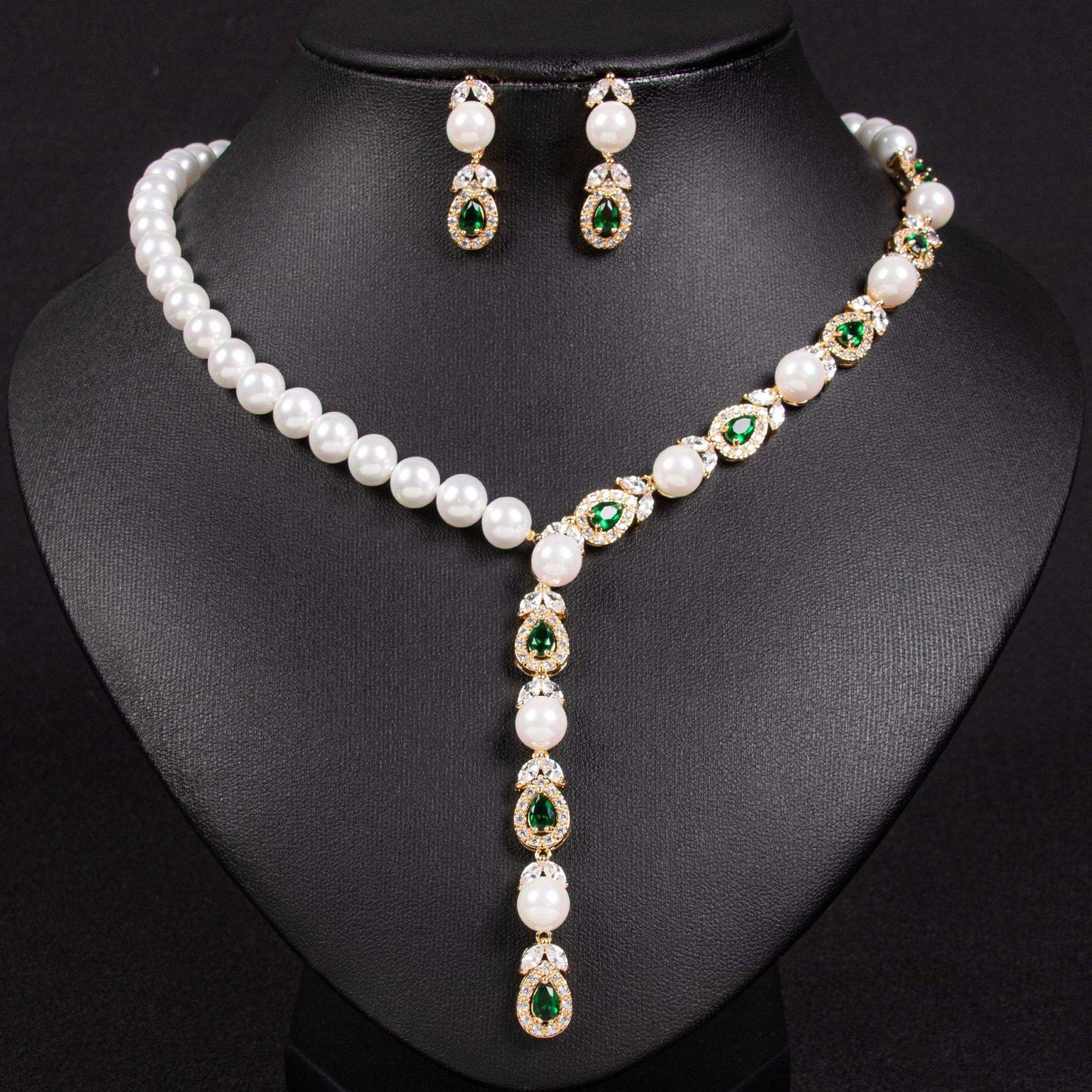 Emerald Green Teardrop & Pearl Lariat Necklace Set – Silver Tone Y-Shape Drop Statement Jewelry for Evening Wear