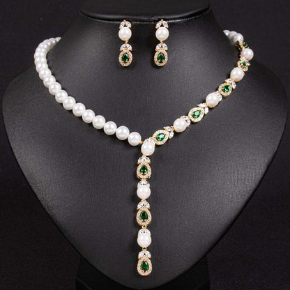 Emerald Green Teardrop & Pearl Lariat Necklace Set – Silver Tone Y-Shape Drop Statement Jewelry for Evening Wear