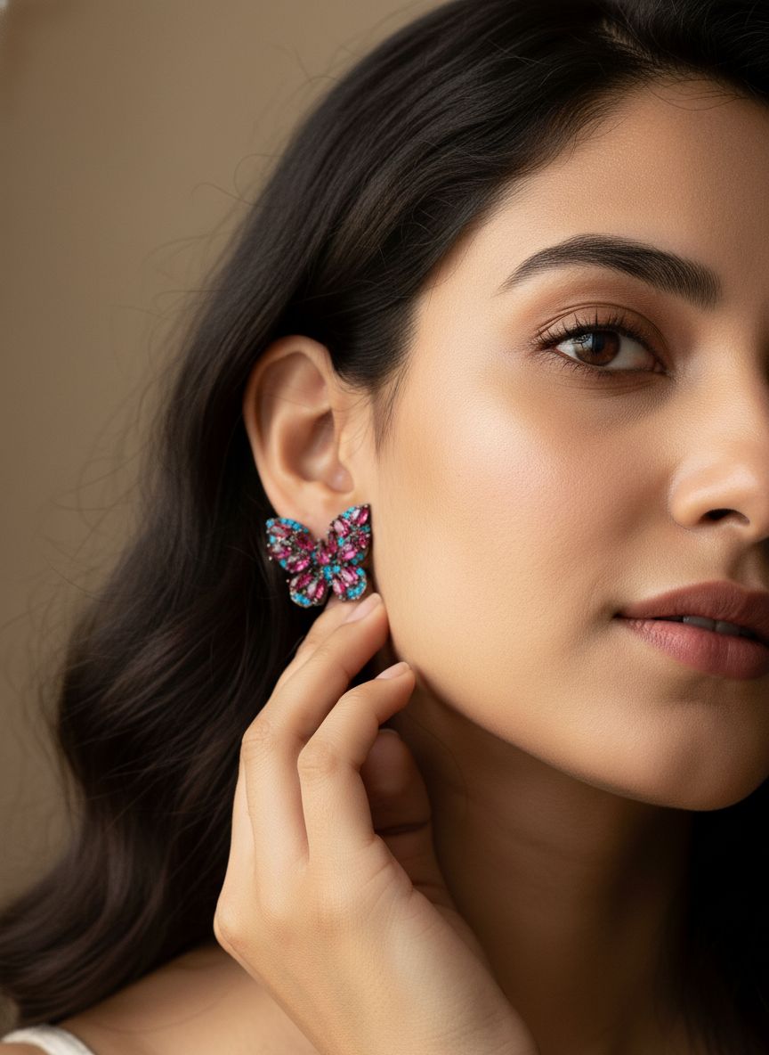 Vibrant Butterfly Gemstone Stud Earrings | Pink & Turquoise Pavé Design | Unique Statement Jewelry