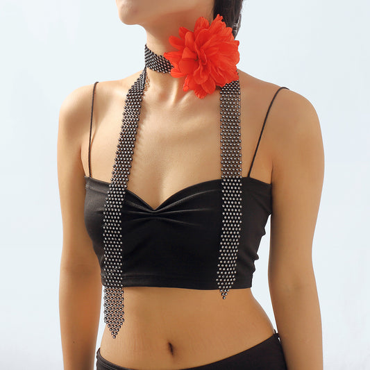 Bold Red Floral Choker Necklace with Rhinestone Tassels