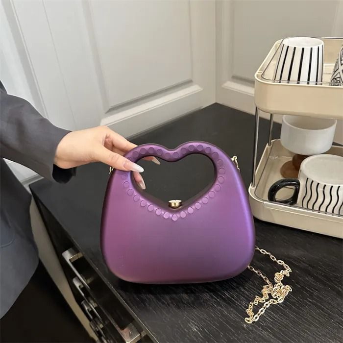 Chic Purple Heart Handle Clutch Handbag with Chain Strap
