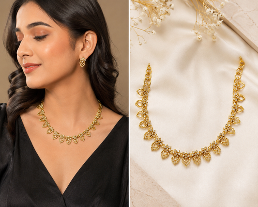 Elegant Gold-Tone Floral Necklace Set with Matching Earrings | BGMATES