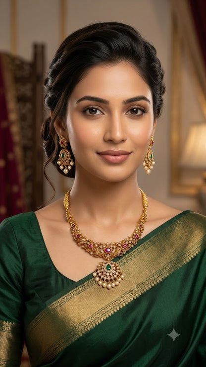 Antique Gold Temple Necklace Set with Ruby and Emerald