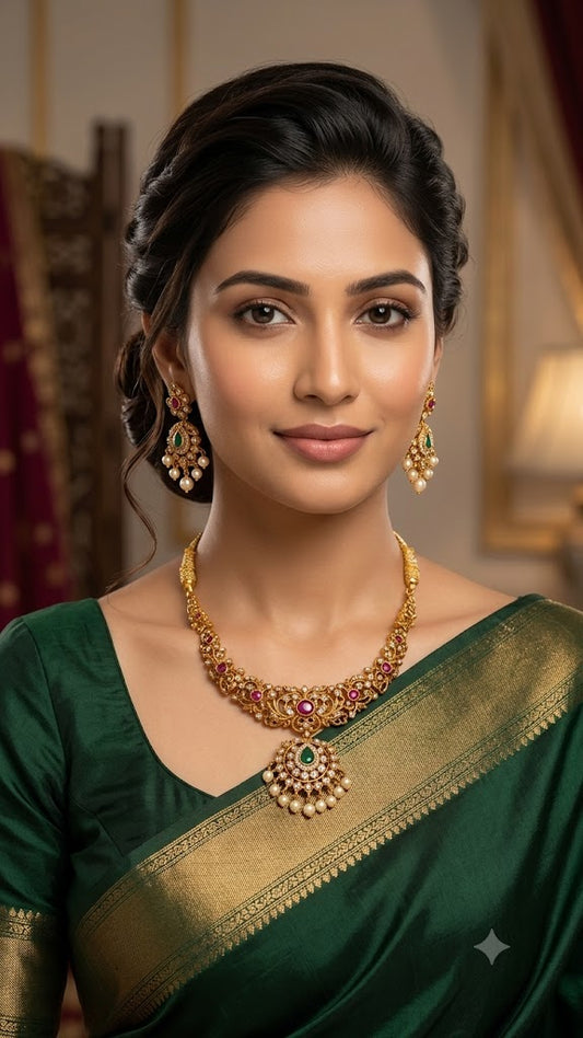 Antique Gold Temple Necklace Set with Ruby and Emerald