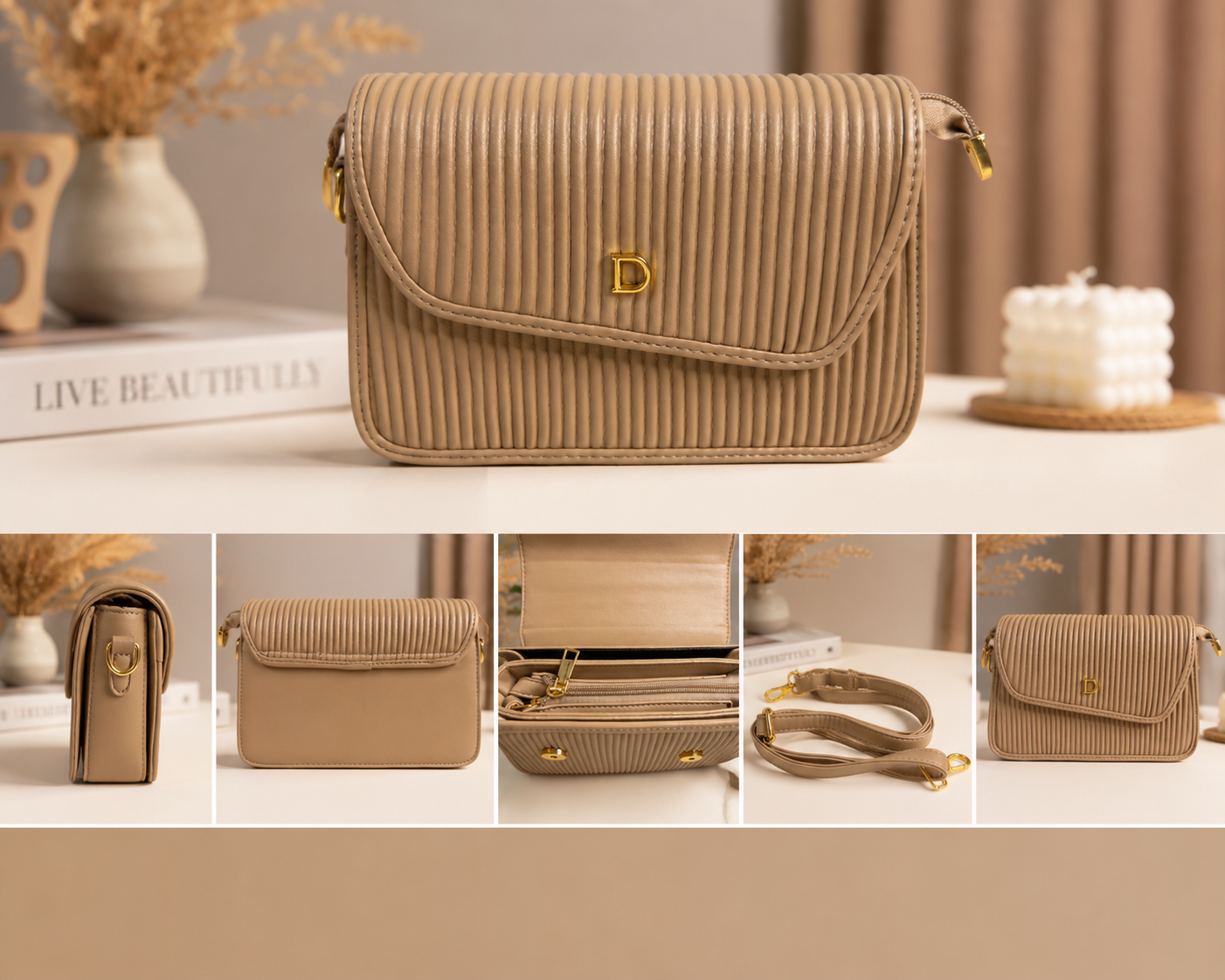 Elegant Nude Ribbed Crossbody Bag with Gold 'D' Clasp