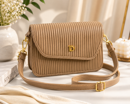 Elegant Nude Ribbed Crossbody Bag with Gold 'D' Clasp