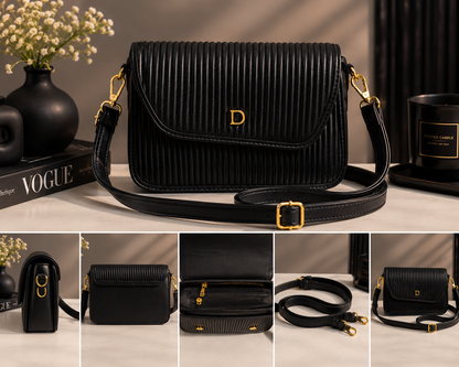 Elegant Nude Ribbed Crossbody Bag with Gold 'D' Clasp