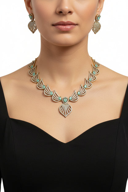 Elegant Gold-Toned Mint Green & CZ Necklace Earring Set
