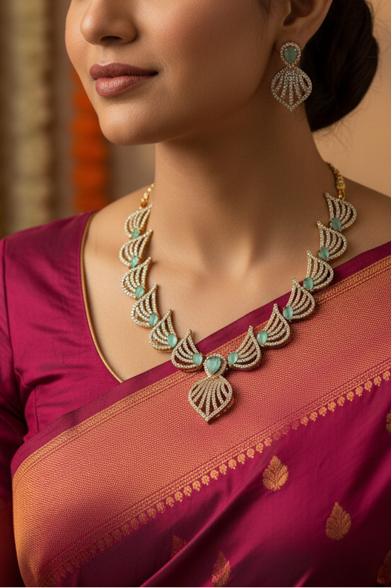 Elegant Gold-Toned Mint Green & CZ Necklace Earring Set