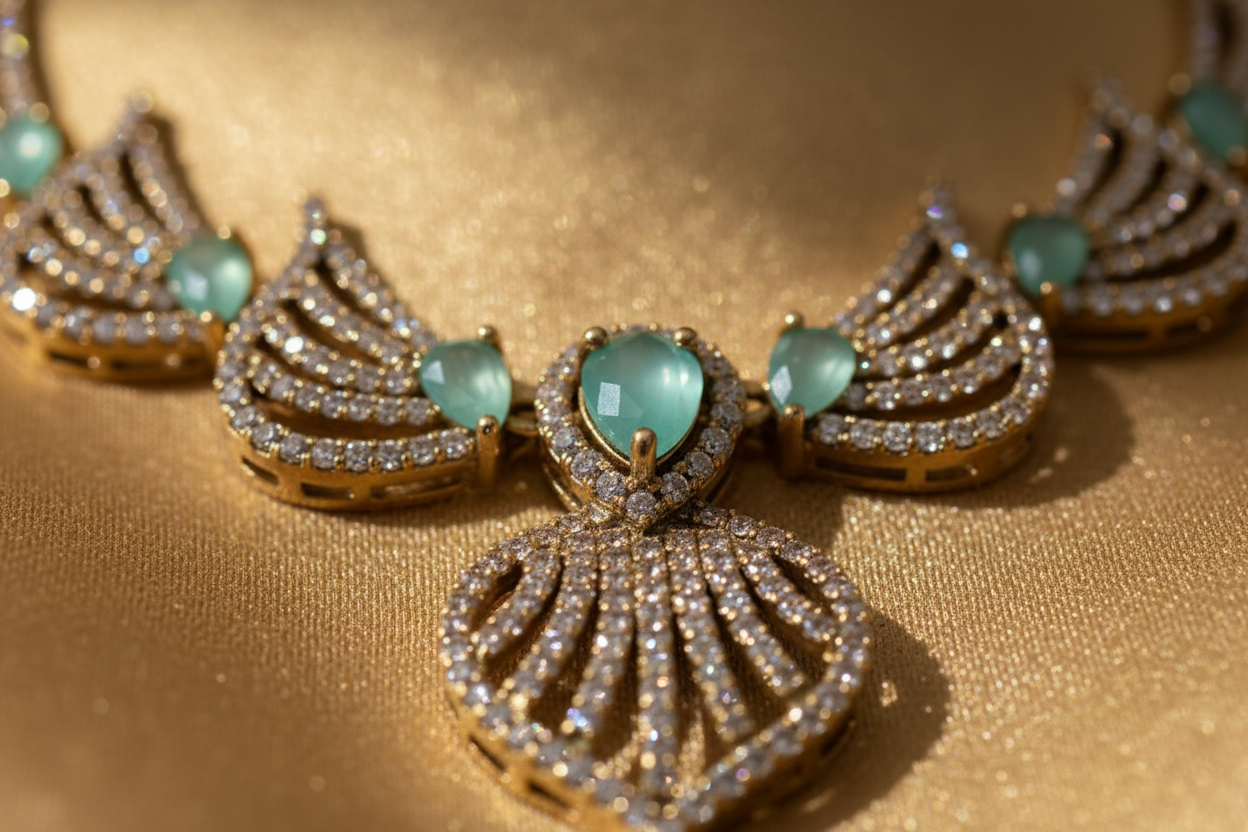 Elegant Gold-Toned Mint Green & CZ Necklace Earring Set