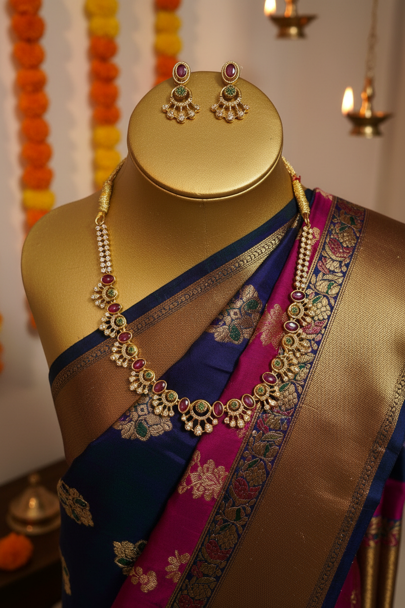 Ethnic Ruby & Emerald Gold-Toned Necklace & Earring Set