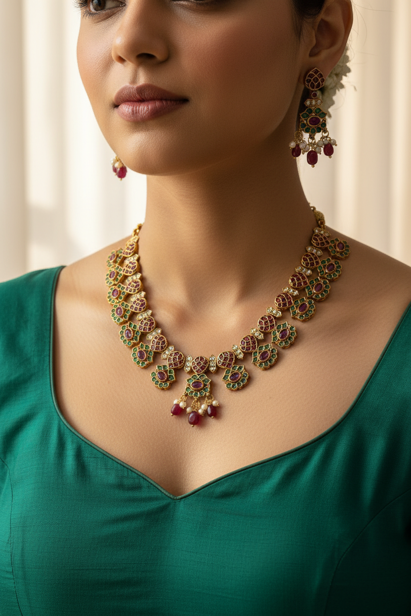 Traditional Ruby Emerald Gold Tone Necklace and Earrings Set