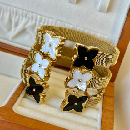 Clover Mesh Cuff Bracelet with Mother of Pearl & Black Onyx | Gold-Tone Finish