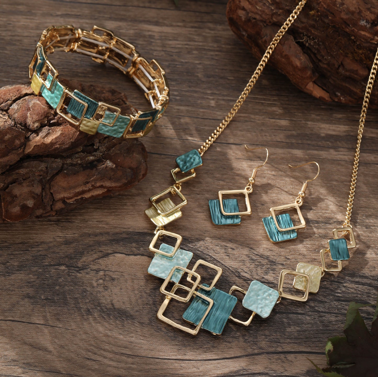 Modern Geometric Square Necklace Set in Teal & Gold | Earrings & Bracelet Included