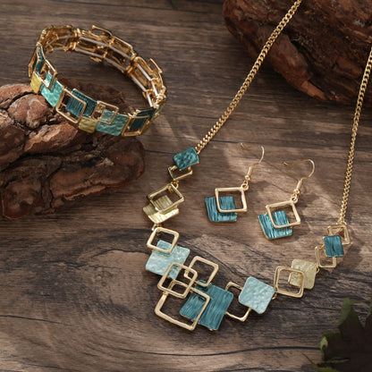 Modern Geometric Square Necklace Set in Teal & Gold | Earrings & Bracelet Included