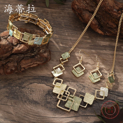 Modern Geometric Square Necklace Set in Teal & Gold | Earrings & Bracelet Included
