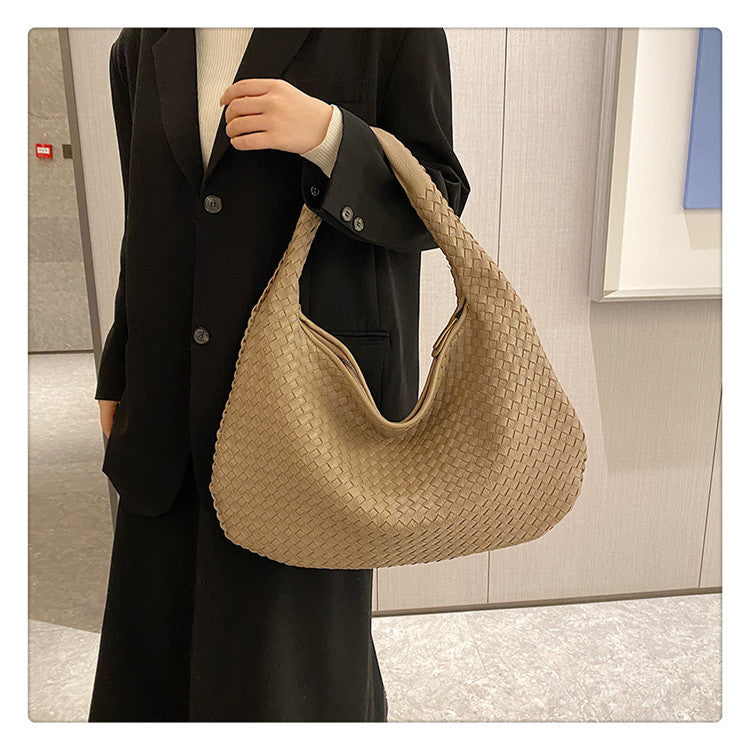 Gold Woven Faux Leather Hobo Shoulder Bag