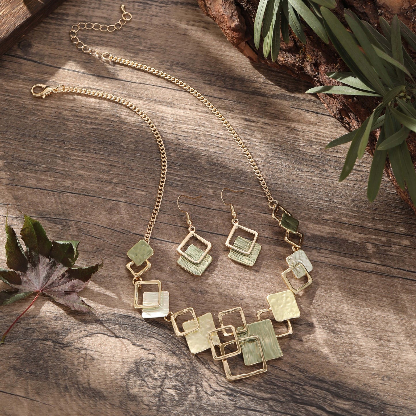 Modern Geometric Necklace & Earring Set in Teal & Gold
