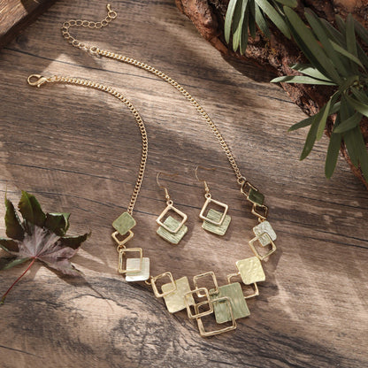 Modern Geometric Necklace & Earring Set in Teal & Gold