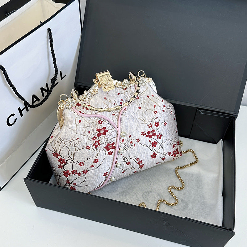 Vintage Floral Brocade Clutch Bag | Crystal Frame Evening Purse with Pearl Handle