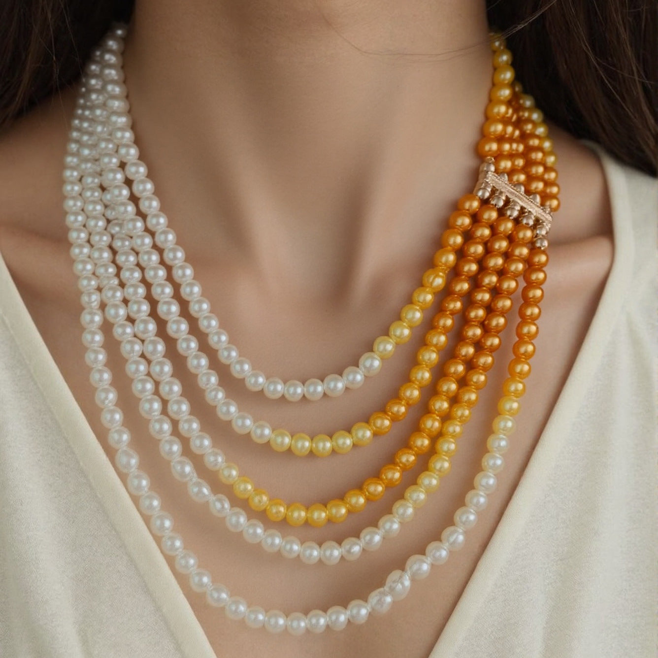 Elegant Multi-Layered Pearl Necklace for Women – Golden & Blue Designer Jewelry for Sarees and Parties