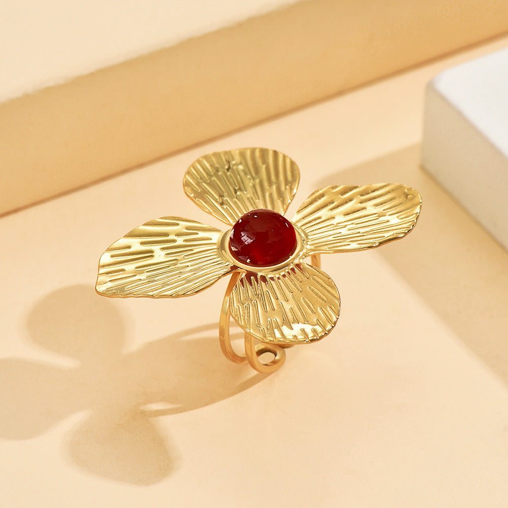Textured Gold Flower Statement Ring | Adjustable with Natural Stone Center