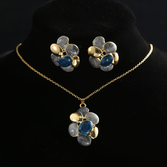 Modern Abstract Cluster Necklace & Earring Set | Grey, Blue & Gold
