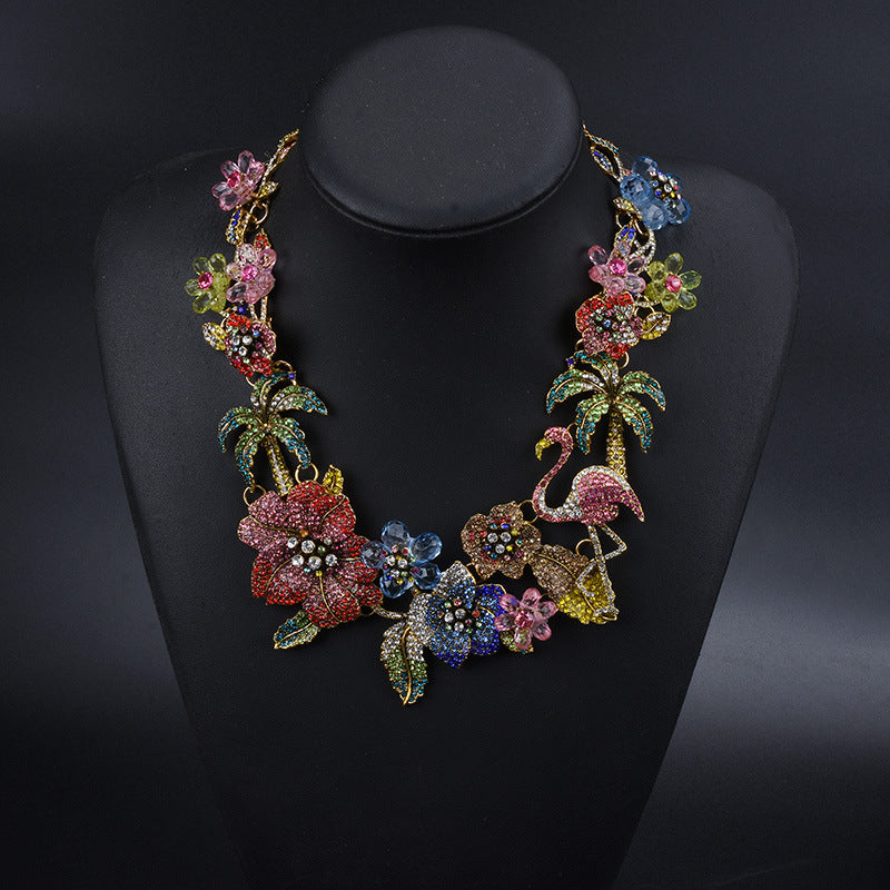 Tropical Floral Statement Necklace for Women – Crystal Enamel Flamingo & Flower Designer Jewelry | Party, Wedding & Festive Wear