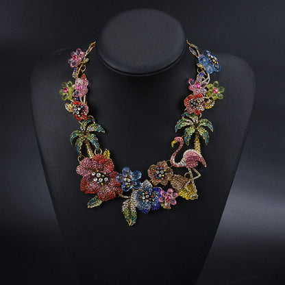 Tropical Floral Statement Necklace for Women – Crystal Enamel Flamingo & Flower Designer Jewelry | Party, Wedding & Festive Wear