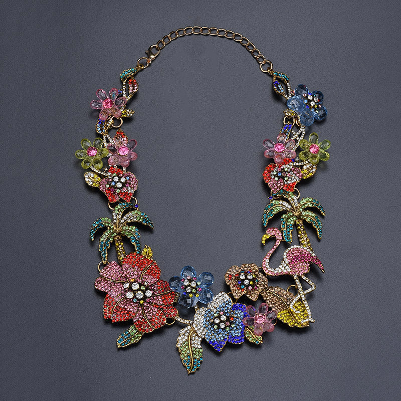 Tropical Floral Statement Necklace for Women – Crystal Enamel Flamingo & Flower Designer Jewelry | Party, Wedding & Festive Wear