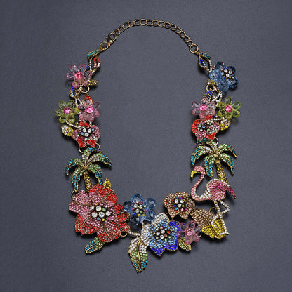 Tropical Floral Statement Necklace for Women – Crystal Enamel Flamingo & Flower Designer Jewelry | Party, Wedding & Festive Wear