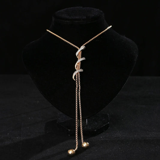 Adjustable Crystal Swirl Lariat Necklace | Gold-Tone Bolo Style with Tassels