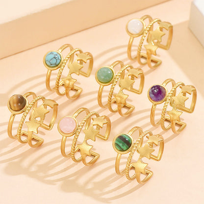 Adjustable Layered-Look Star Ring with Natural Stone | Multi-Band Gold-Tone