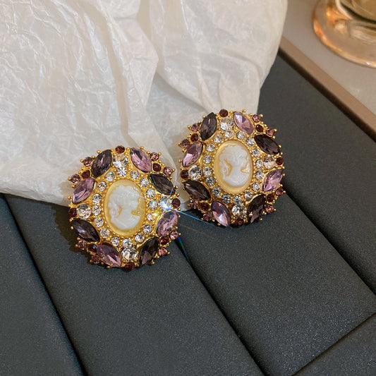 Regal Vintage-Style Cameo Stud Earrings | Gold-Tone Multi-Color Crystal Halo | Victorian Statement Top Earrings