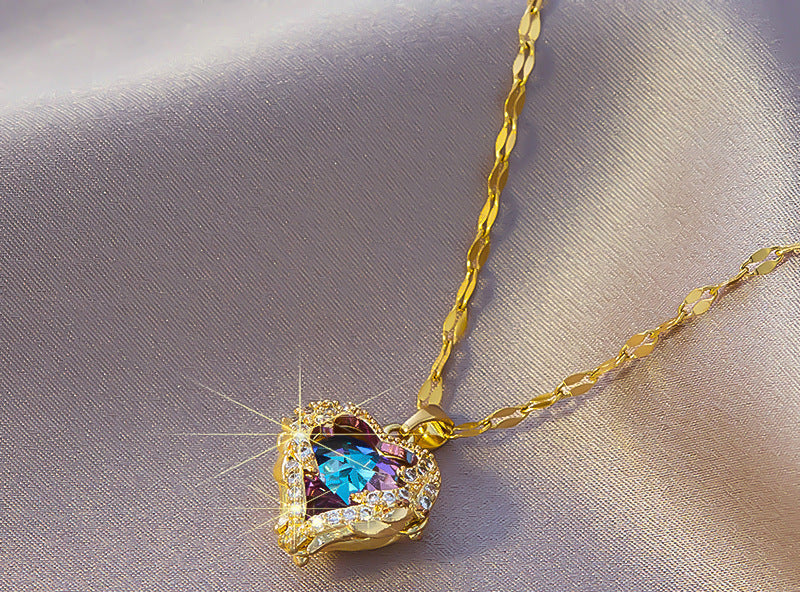 Iridescent Heart Crystal Pendant Necklace | Multi-Color Gemstone on Gold Chain
