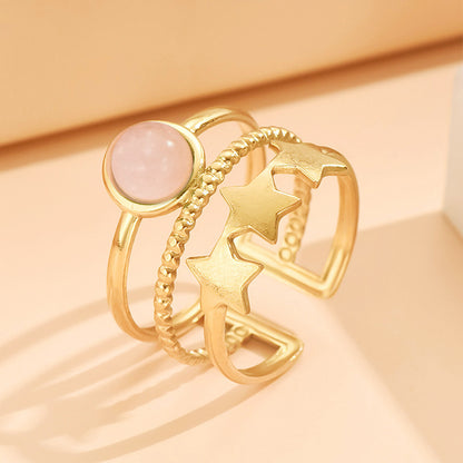 Adjustable Layered-Look Star Ring with Natural Stone | Multi-Band Gold-Tone