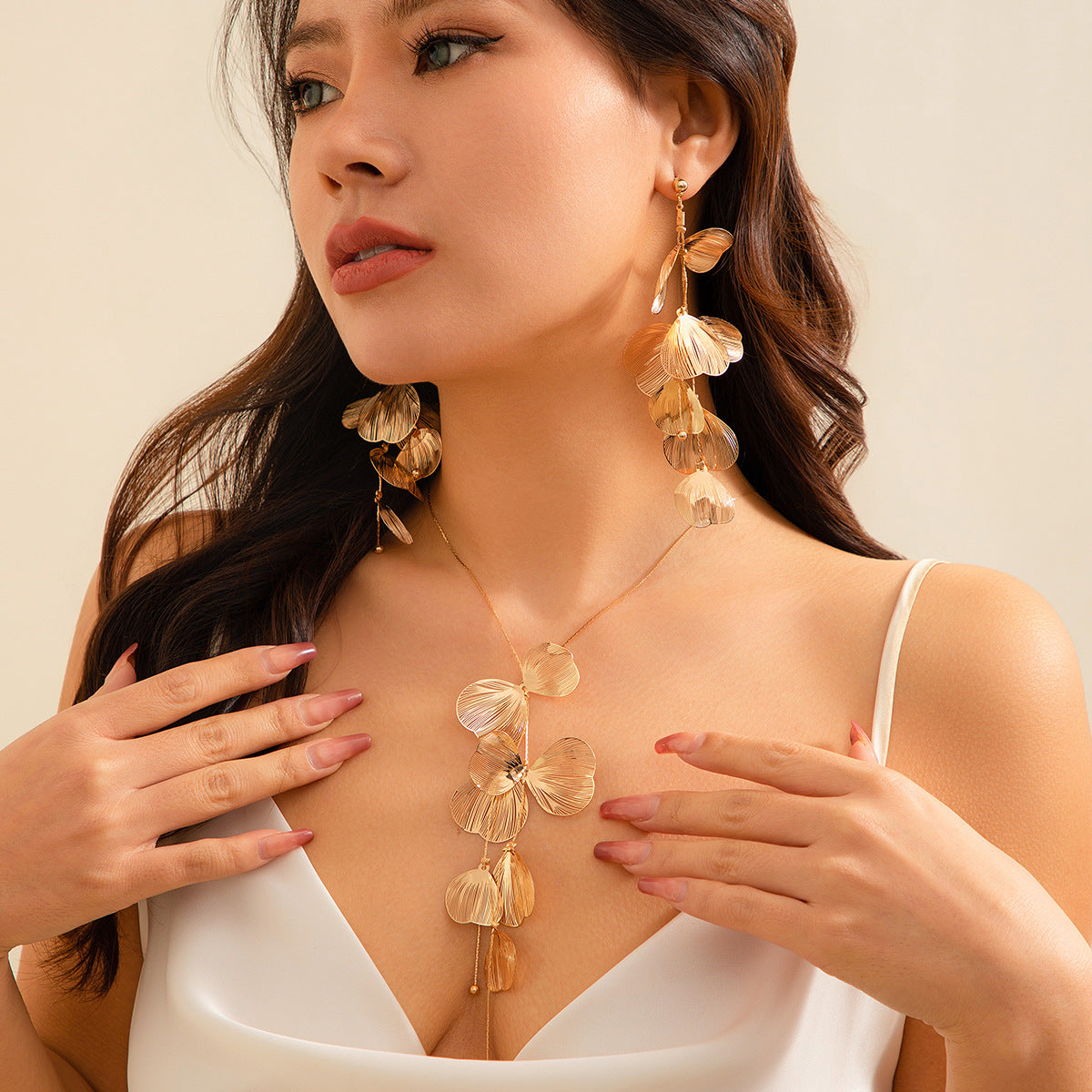 Gold Floral Cascade Jewelry Set | Statement Necklace & Dangle Earrings