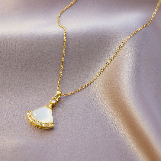 Elegant Fan-Shaped Pendant Necklace | White Opal & Pave Crystal in Gold-Tone