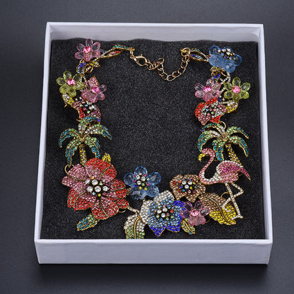 Tropical Floral Statement Necklace for Women – Crystal Enamel Flamingo & Flower Designer Jewelry | Party, Wedding & Festive Wear