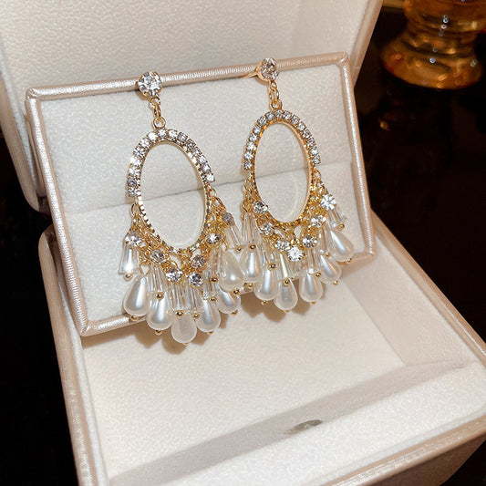 Elegant Pearl Teardrop Chandelier Drop Earrings | Gold-Tone Oval Rhinestone Halo Dangles | Formal Wedding Jewelry