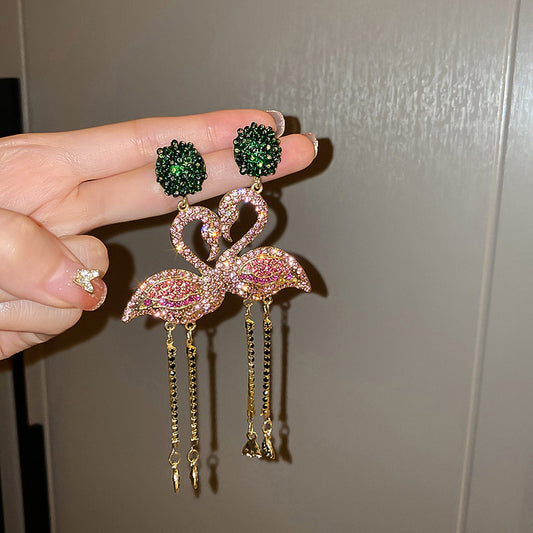 Dazzling Flamingo Drop Earrings | Pink & Green Crystal Dangle Earrings | Tropical Rhinestone Statement Jewelry