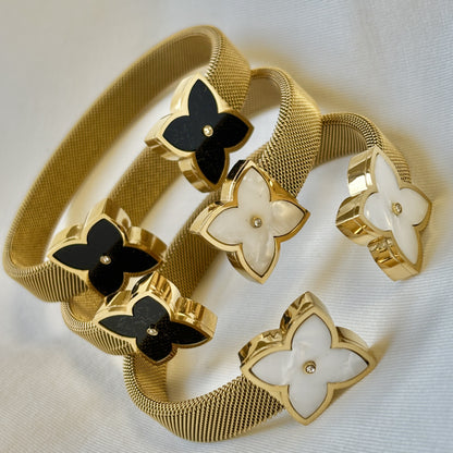 Clover Mesh Cuff Bracelet with Mother of Pearl & Black Onyx | Gold-Tone Finish