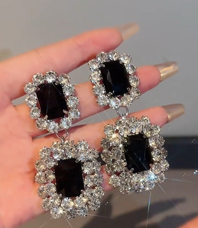Dramatic Black Crystal Drop Earrings | Rectangular Stone & Brilliant Rhinestone Halo Dangles | Glamorous Statement Jewelry