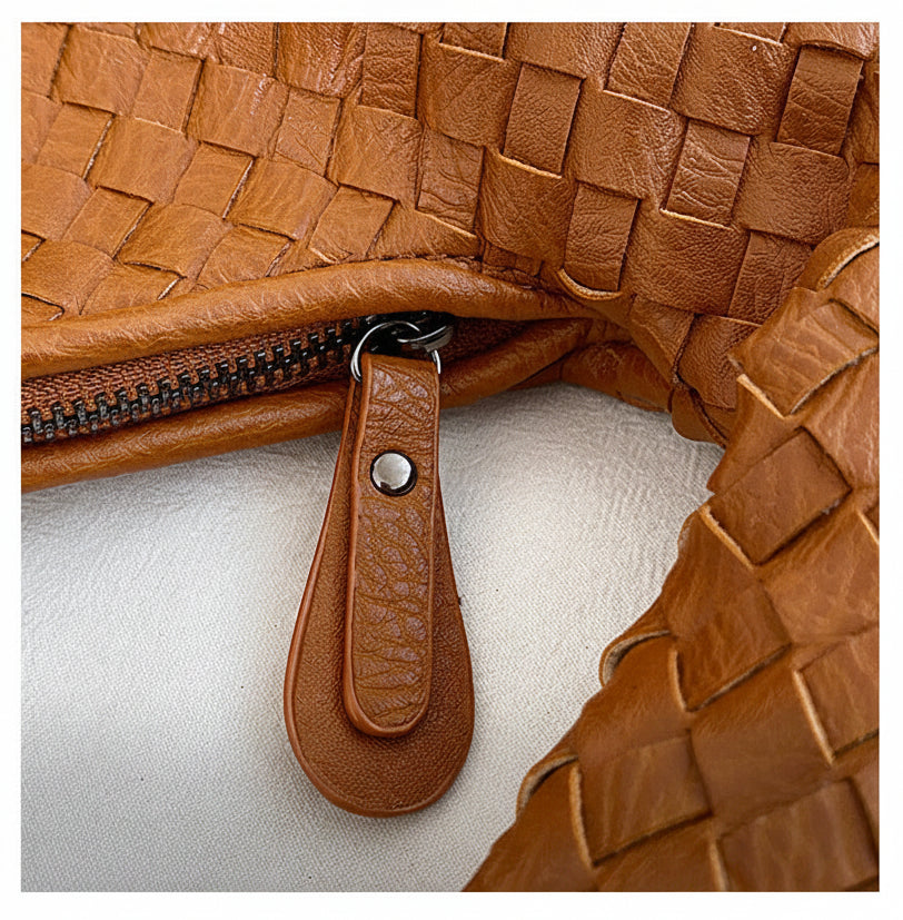 Gold Woven Faux Leather Hobo Shoulder Bag