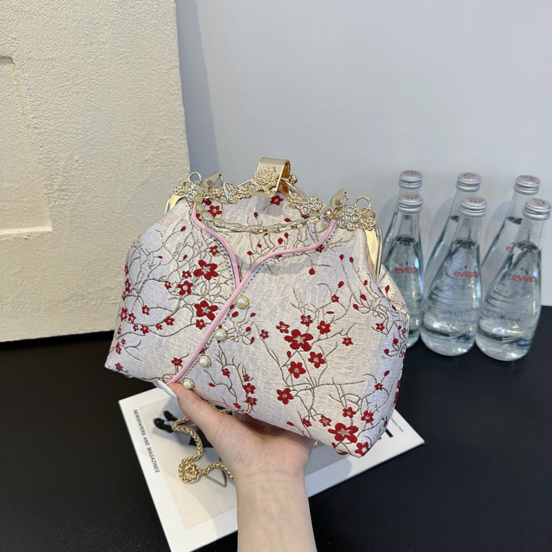 Vintage Floral Brocade Clutch Bag | Crystal Frame Evening Purse with Pearl Handle